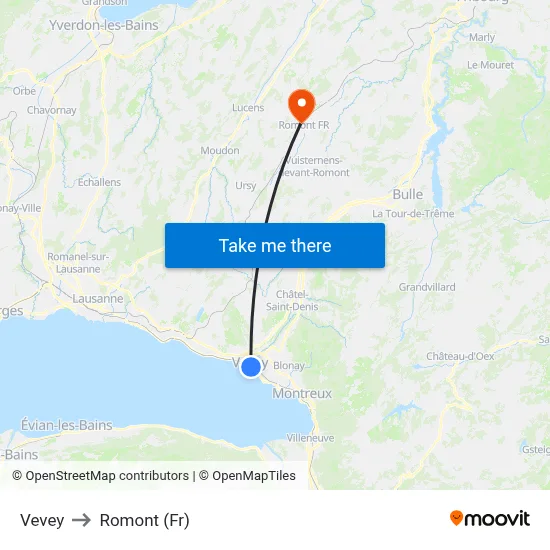 Vevey to Romont (Fr) map