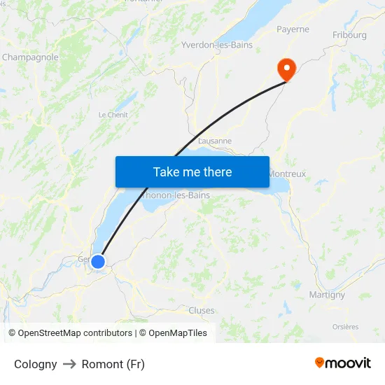 Cologny to Romont (Fr) map