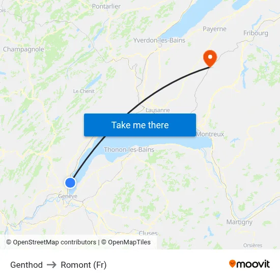 Genthod to Romont (Fr) map