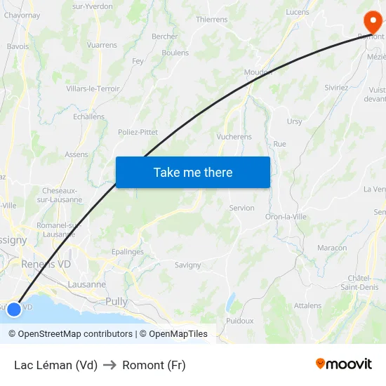 Lac Léman (Vd) to Romont (Fr) map