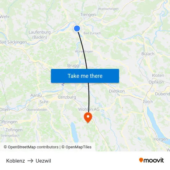 Koblenz to Uezwil map