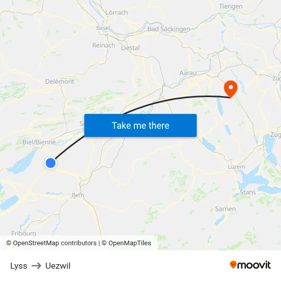 Lyss to Uezwil map