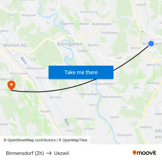 Birmensdorf (Zh) to Uezwil map