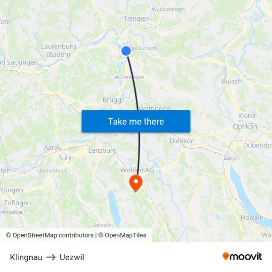 Klingnau to Uezwil map