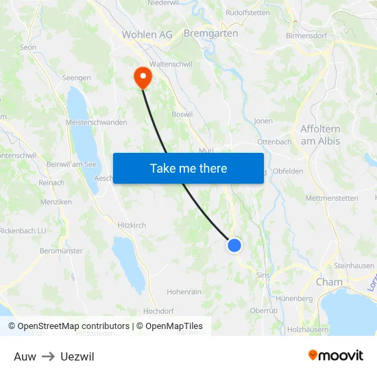 Auw to Uezwil map