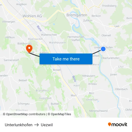 Unterlunkhofen to Uezwil map