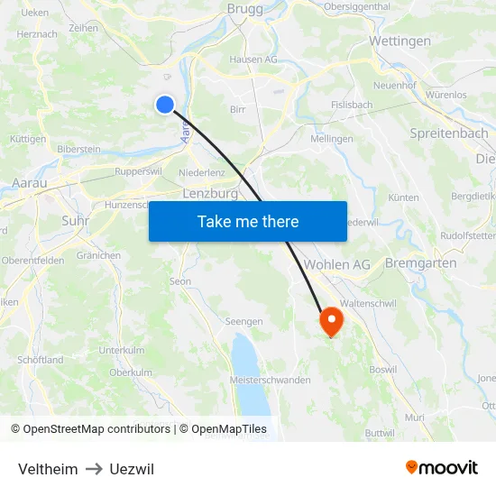Veltheim to Uezwil map