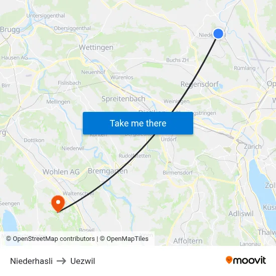 Niederhasli to Uezwil map
