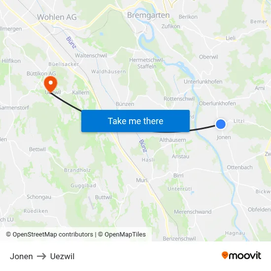 Jonen to Uezwil map