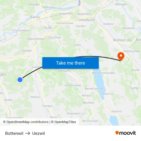 Bottenwil to Uezwil map