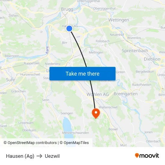 Hausen (Ag) to Uezwil map