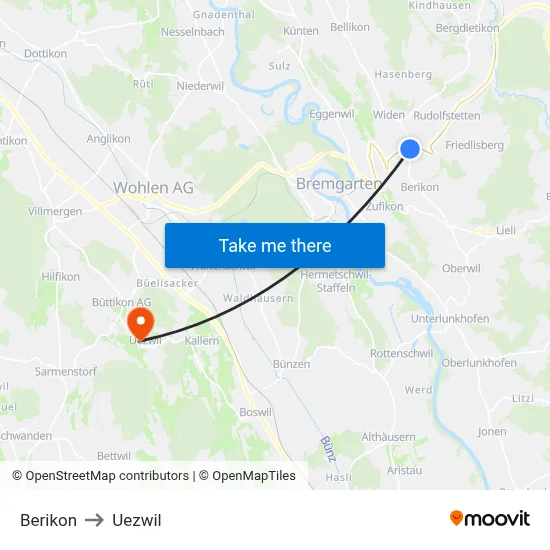 Berikon to Uezwil map