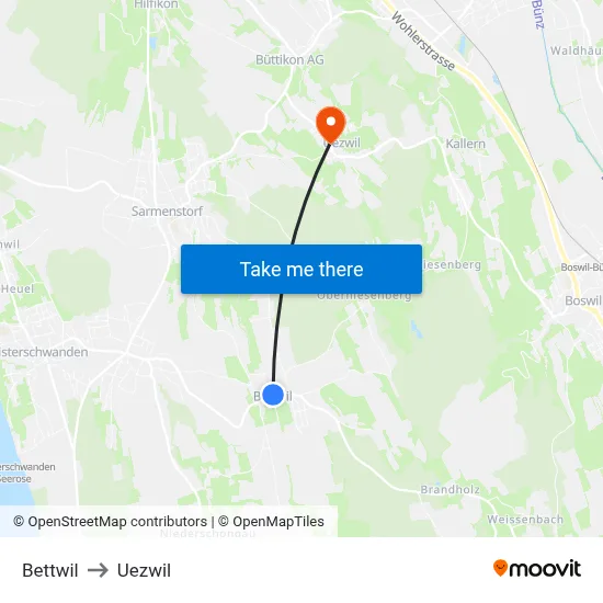 Bettwil to Uezwil map
