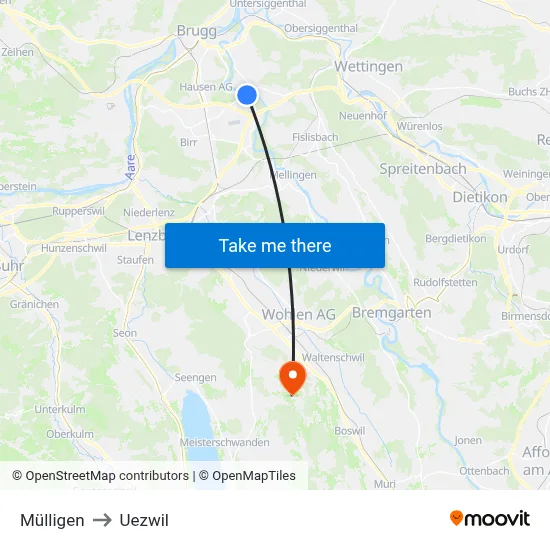 Mülligen to Uezwil map