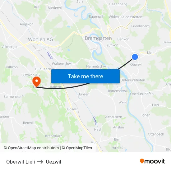 Oberwil-Lieli to Uezwil map