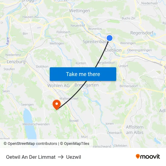 Oetwil An Der Limmat to Uezwil map