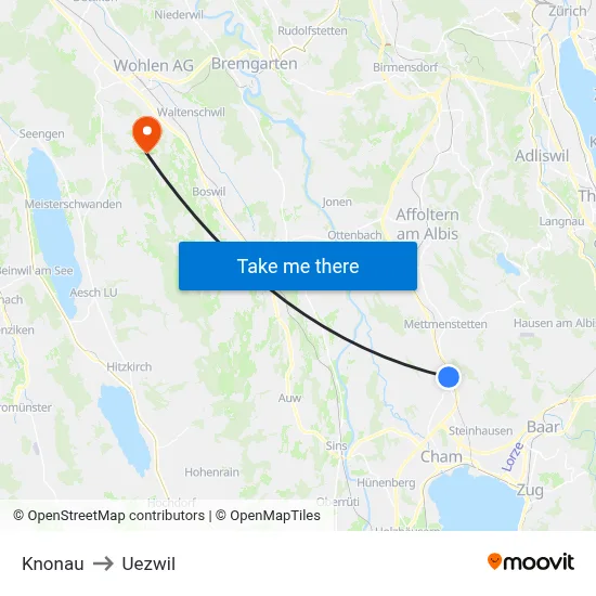 Knonau to Uezwil map