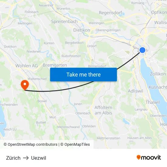 Zürich to Uezwil map