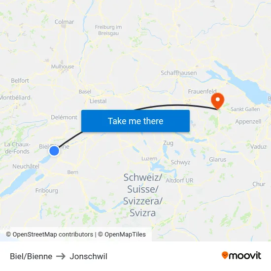 Biel/Bienne to Jonschwil map