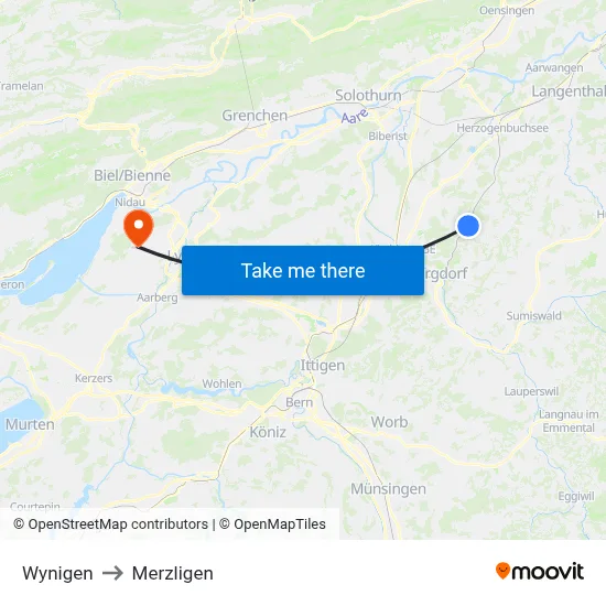 Wynigen to Merzligen map