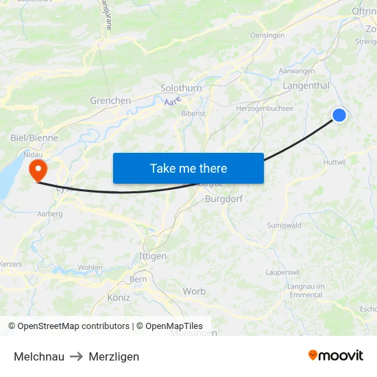 Melchnau to Merzligen map