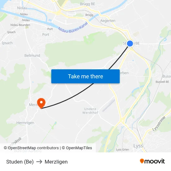 Studen (Be) to Merzligen map