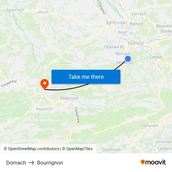 Dornach to Bourrignon map