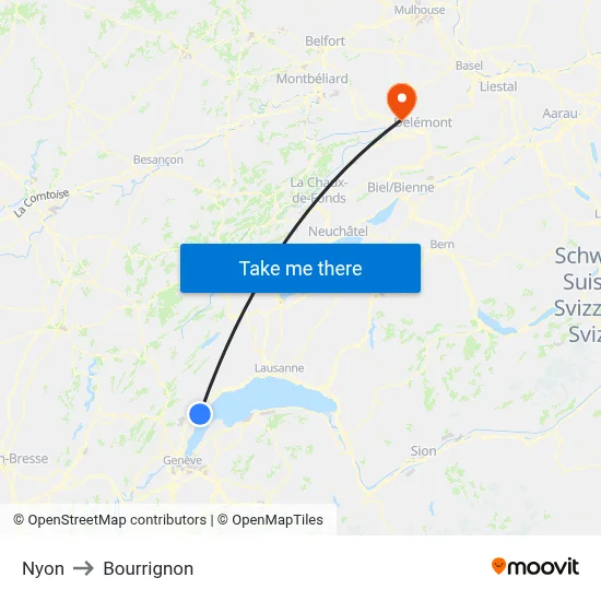 Nyon to Bourrignon map