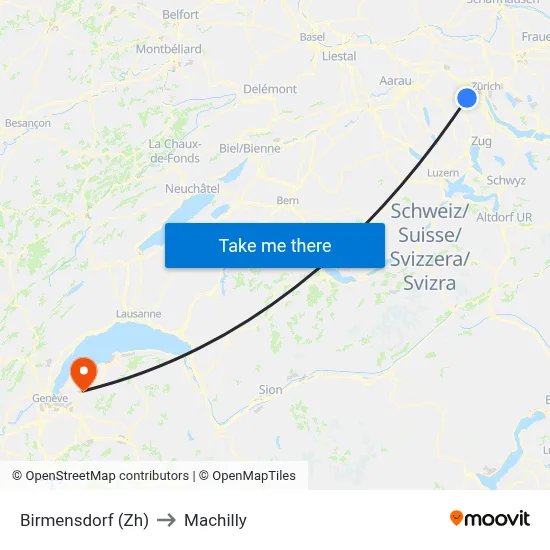 Birmensdorf (Zh) to Machilly map