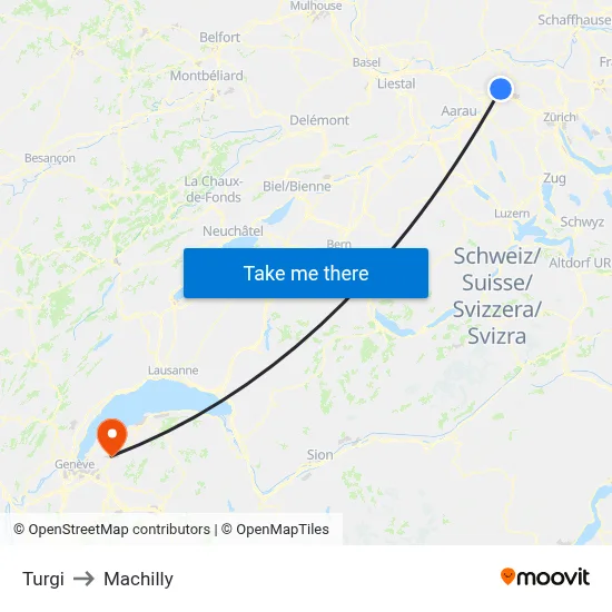 Turgi to Machilly map