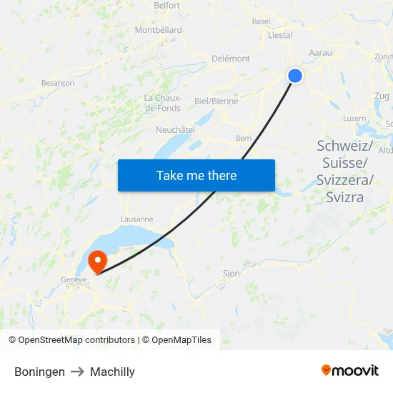 Boningen to Machilly map