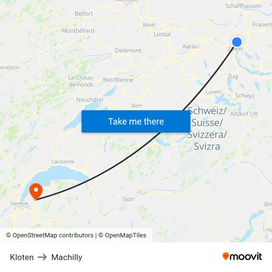 Kloten to Machilly map