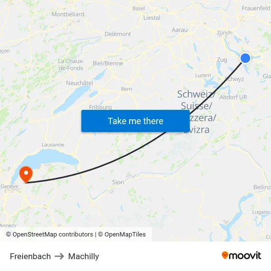 Freienbach to Machilly map