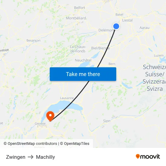 Zwingen to Machilly map