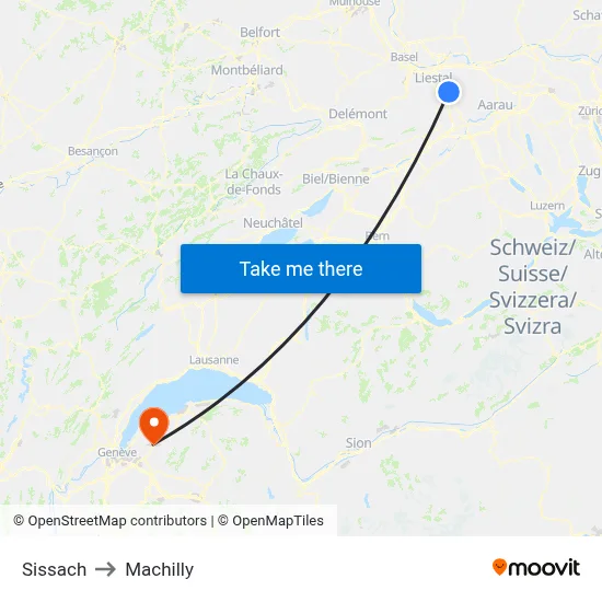 Sissach to Machilly map