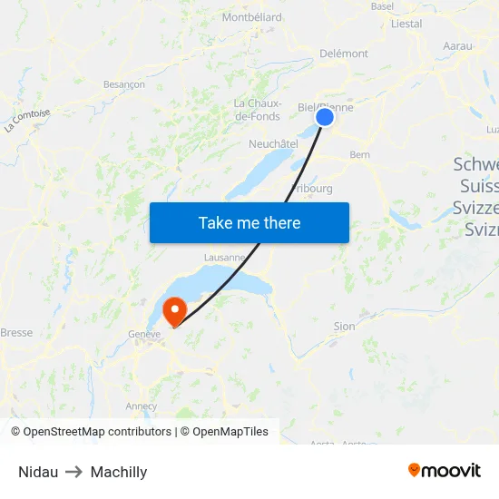 Nidau to Machilly map