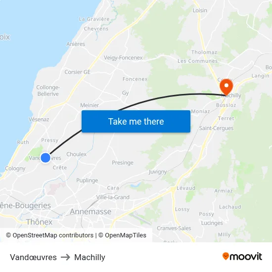 Vandœuvres to Machilly map