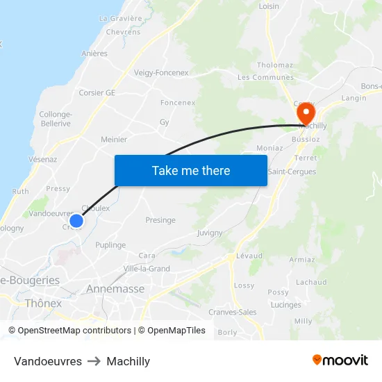 Vandoeuvres to Machilly map
