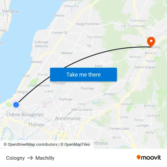 Cologny to Machilly map
