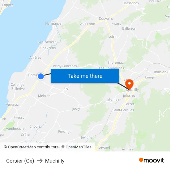 Corsier (Ge) to Machilly map