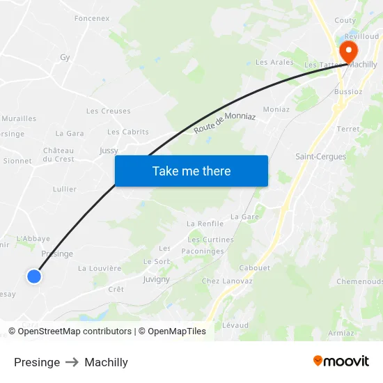 Presinge to Machilly map
