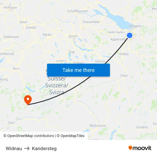Widnau to Kandersteg map