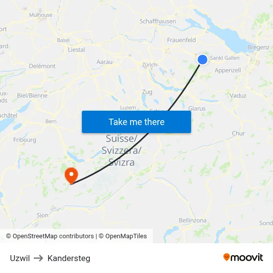 Uzwil to Kandersteg map