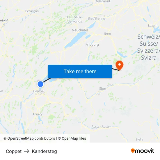 Coppet to Kandersteg map