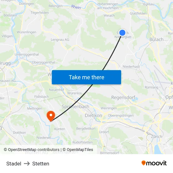 Stadel to Stetten map