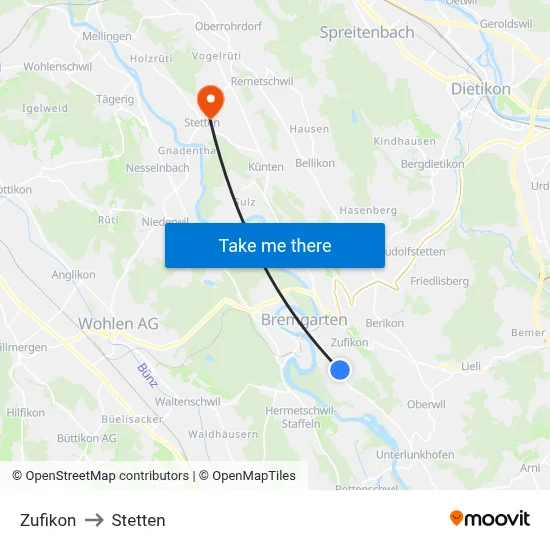 Zufikon to Stetten map