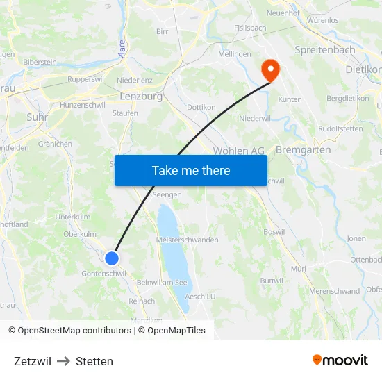 Zetzwil to Stetten map