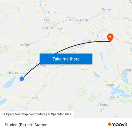 Studen (Be) to Stetten map