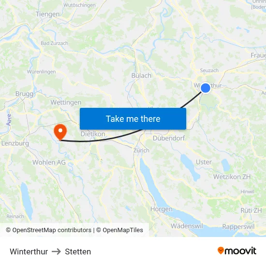 Winterthur to Stetten map