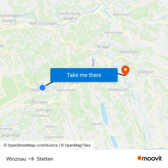 Winznau to Stetten map